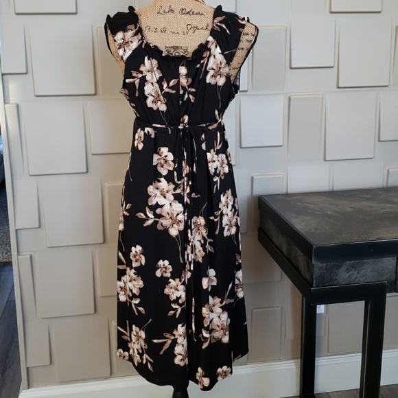 Axcess dress sundress black tan floral empire waist gathered neck Size Large - Picture 5 of 6